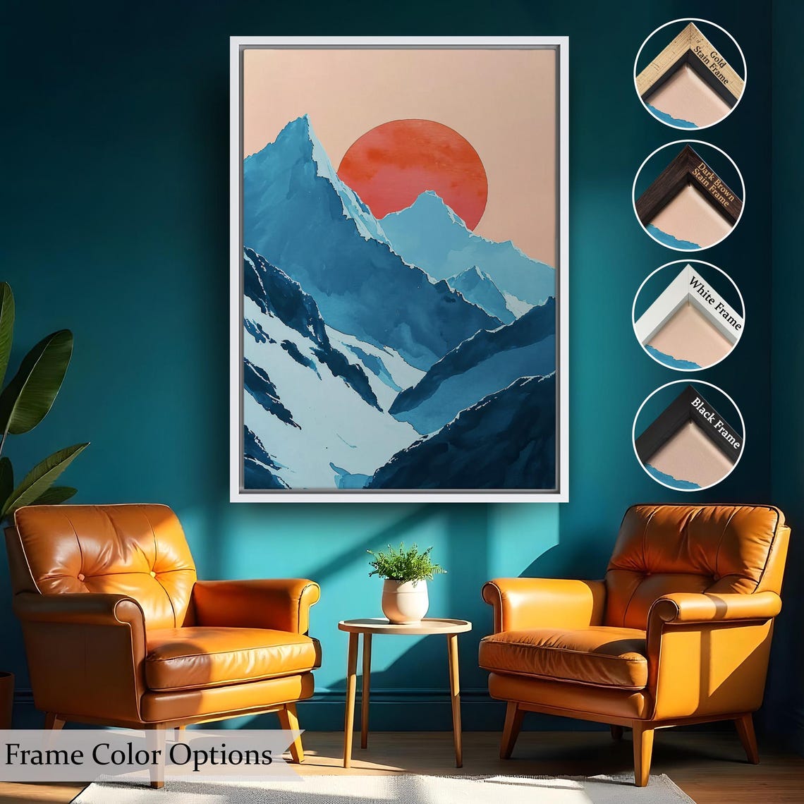 Minimalist Red Sun Blue Mountain Peaks Japanese Style Wall Art - Image 2