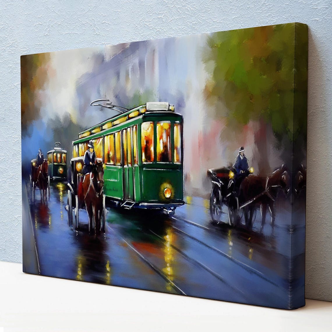 Vintage Green Tram Rainy Night Street Horse Carriage Painting Poster