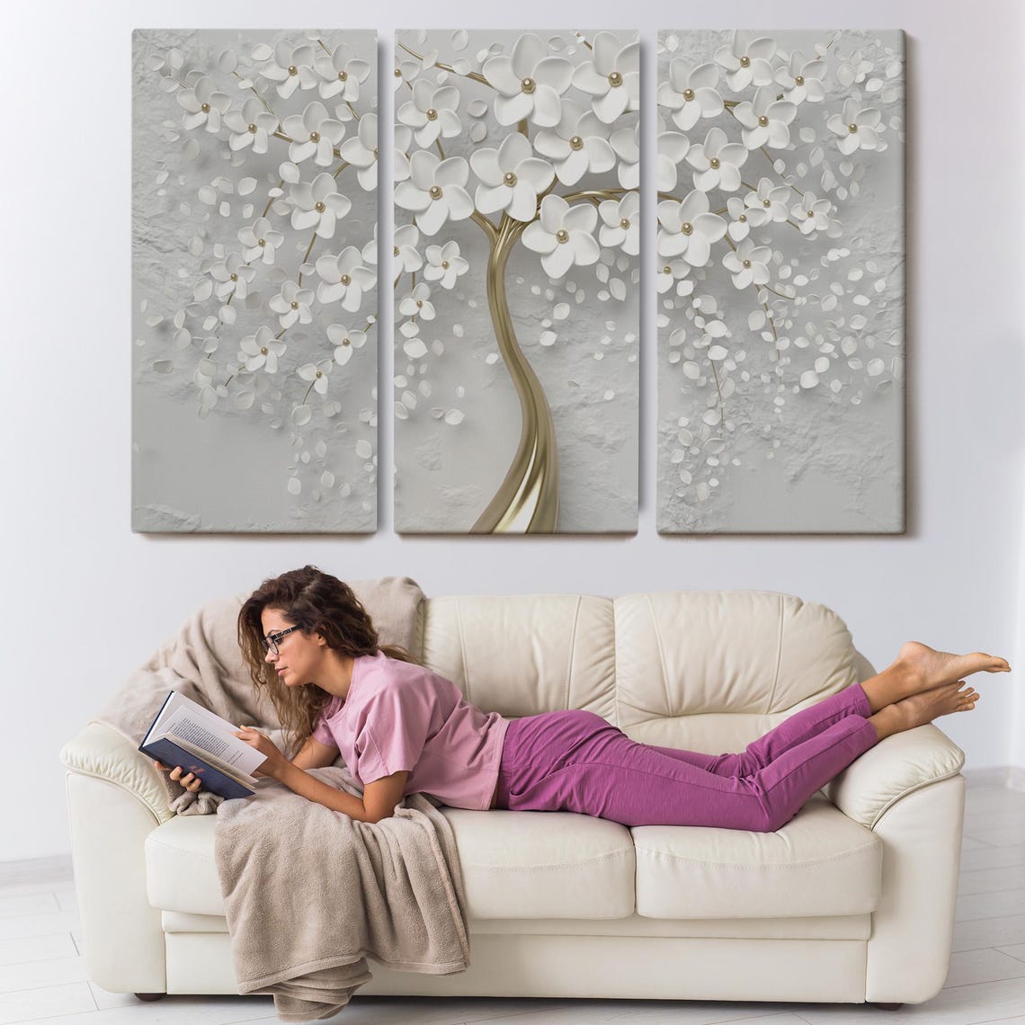 White Blossom Tree Gold Trunk Elegant Floral Wall Art Decor Poster - Image 3