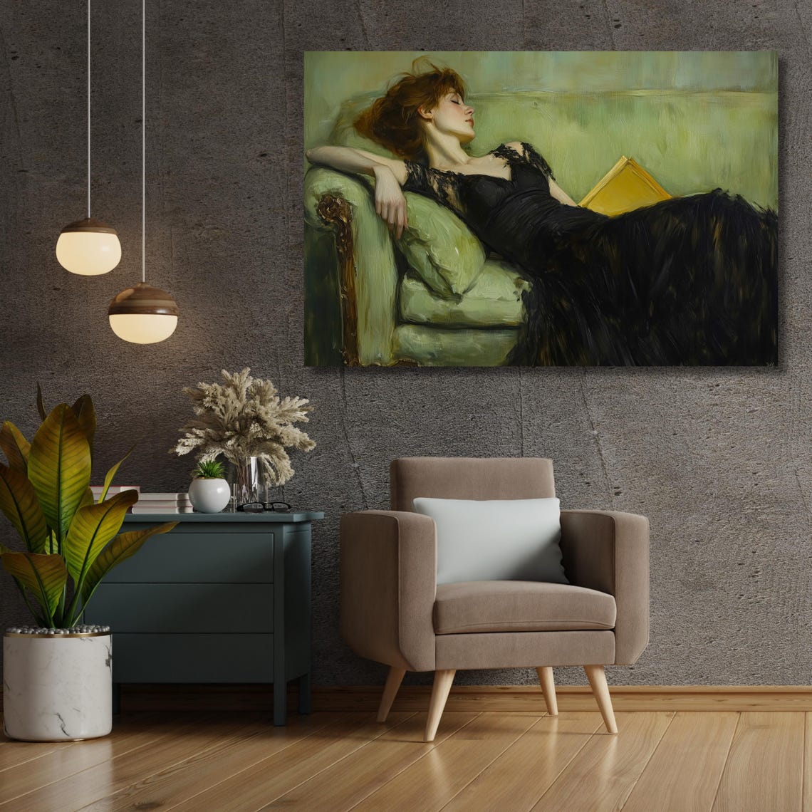 Woman Reclining with Book on Green Sofa Impressionist Poster - Image 3