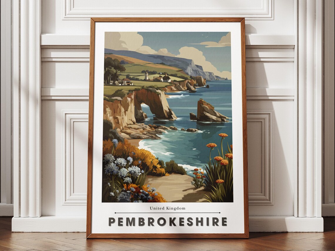 Pembrokeshire Coast Wales Sea Arch Cliffs Wildflowers Travel Poster