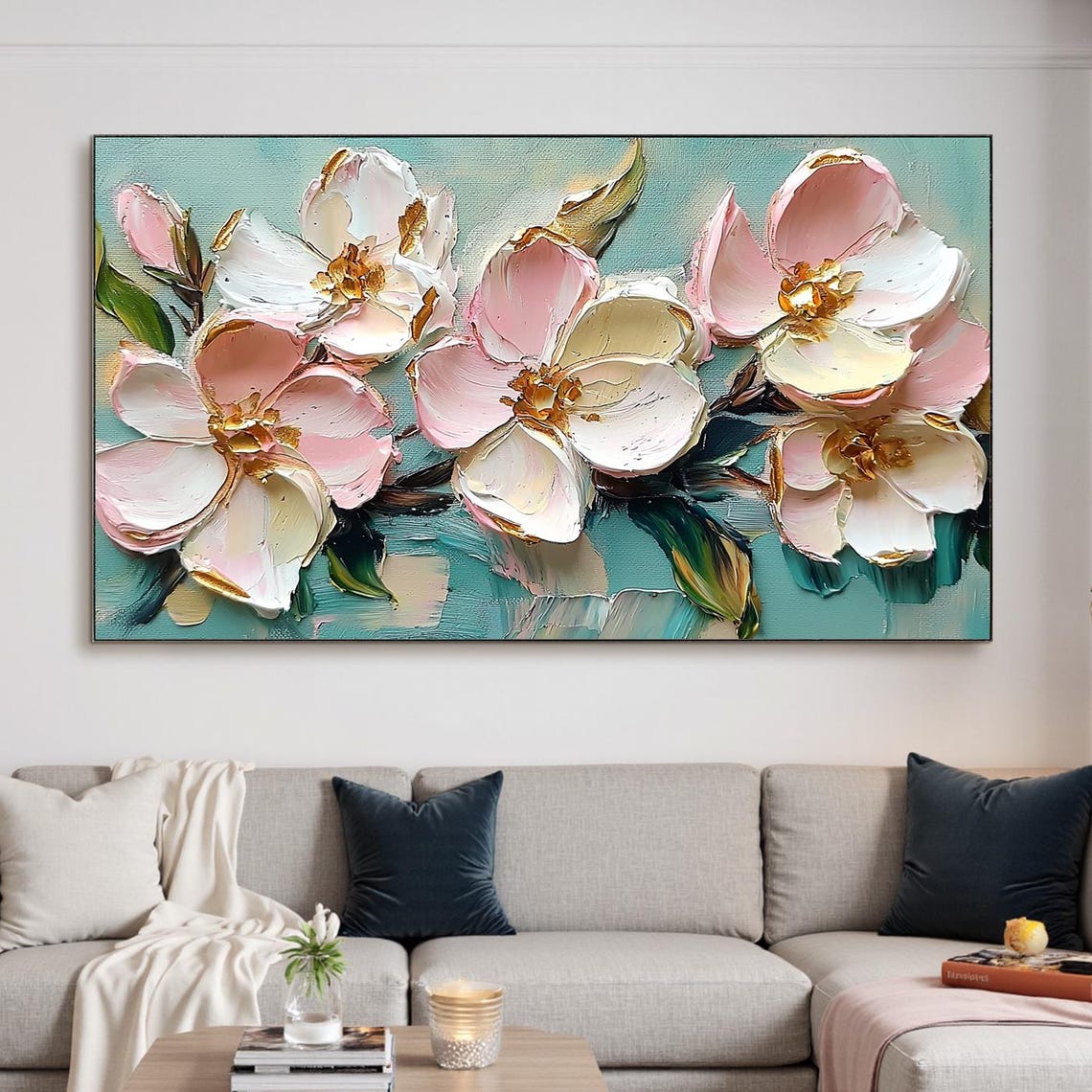 Pink Magnolia Blossoms with Gold Edges on Teal Canvas Art Poster