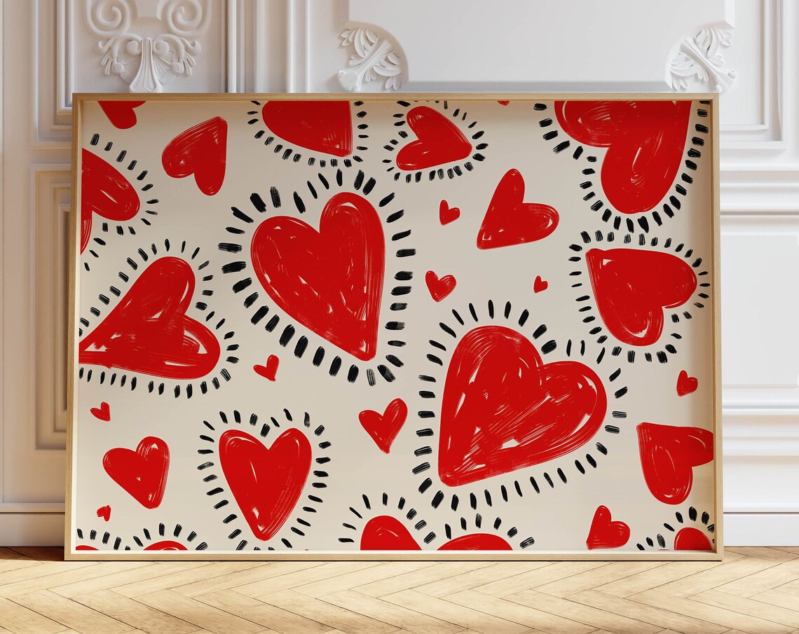 Red Hearts Retro Art Print, Funky Home Decor