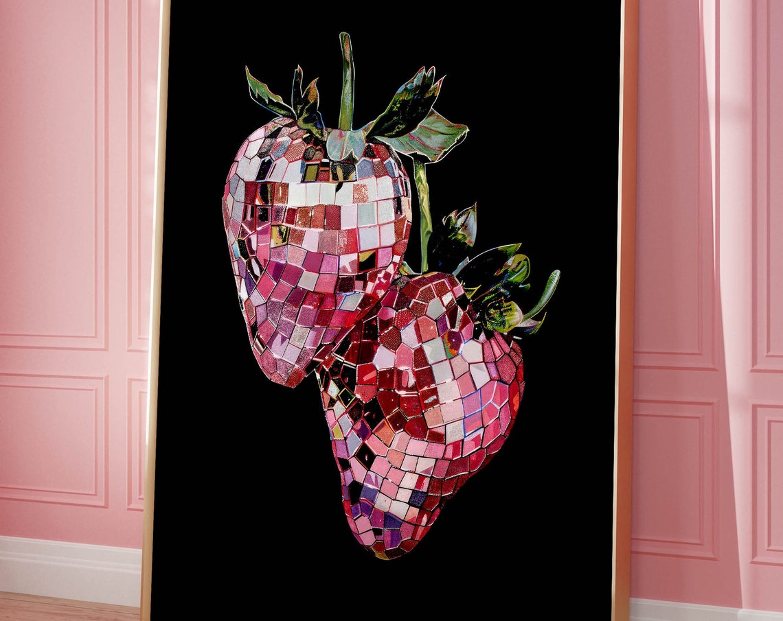 Disco Ball Strawberry Pink Mosaic Y2K Aesthetic Pop Art Poster