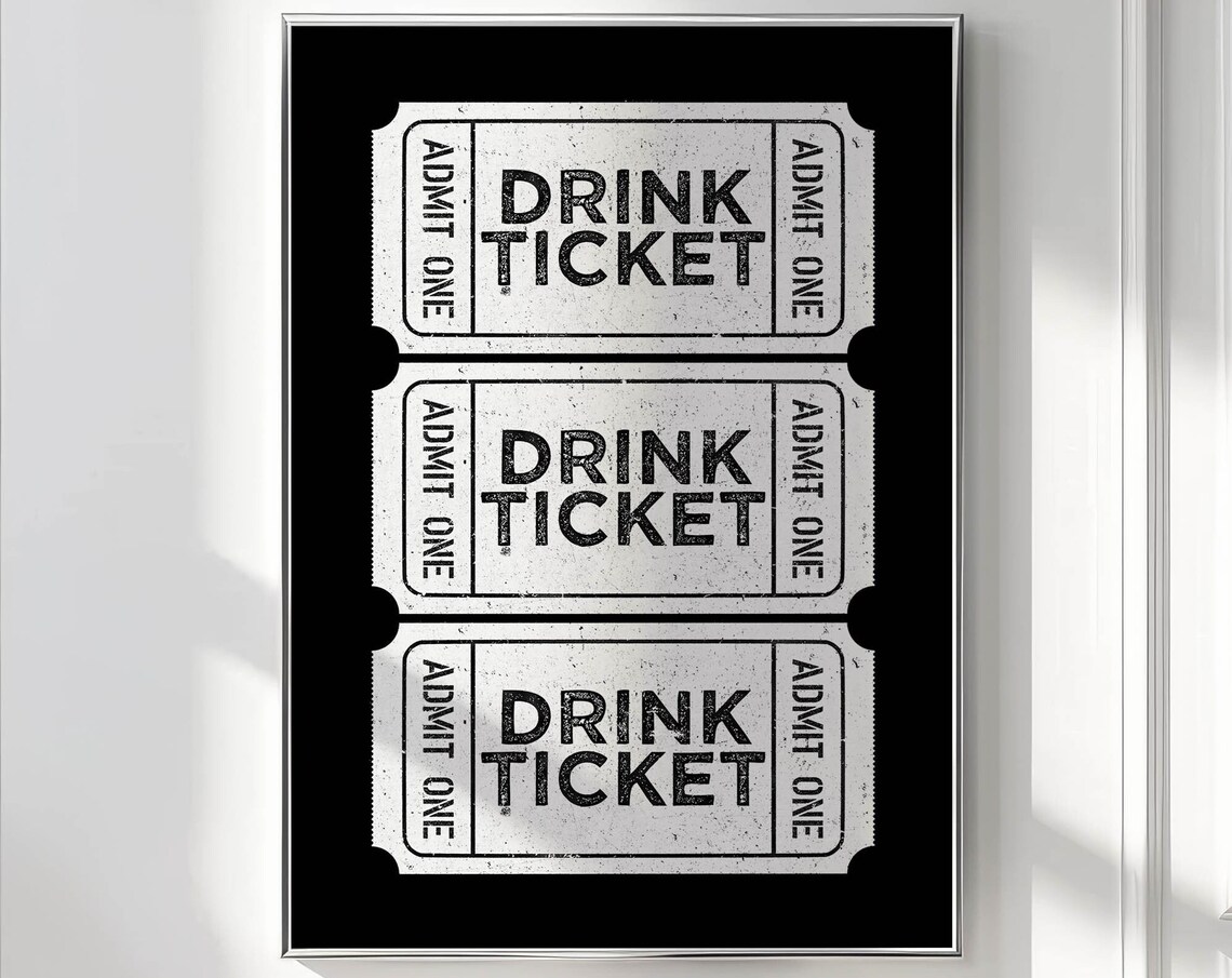 Vintage Drink Ticket Trio Black White Party Bar Cart Decor Print