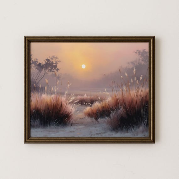 Frosty Meadow Sunrise Watercolor Print Tranquil Pastel Landscape H229