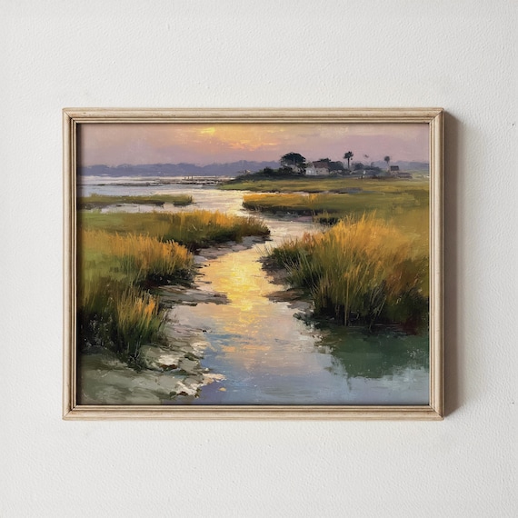 Coastal Marsh Sunset Painting Reflective Creek Vintage Style Nature Wall Art