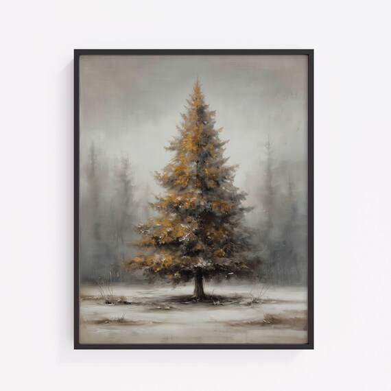 Moody Evergreen Tree Snowy Clearing Misty Winter Forest Art Poster