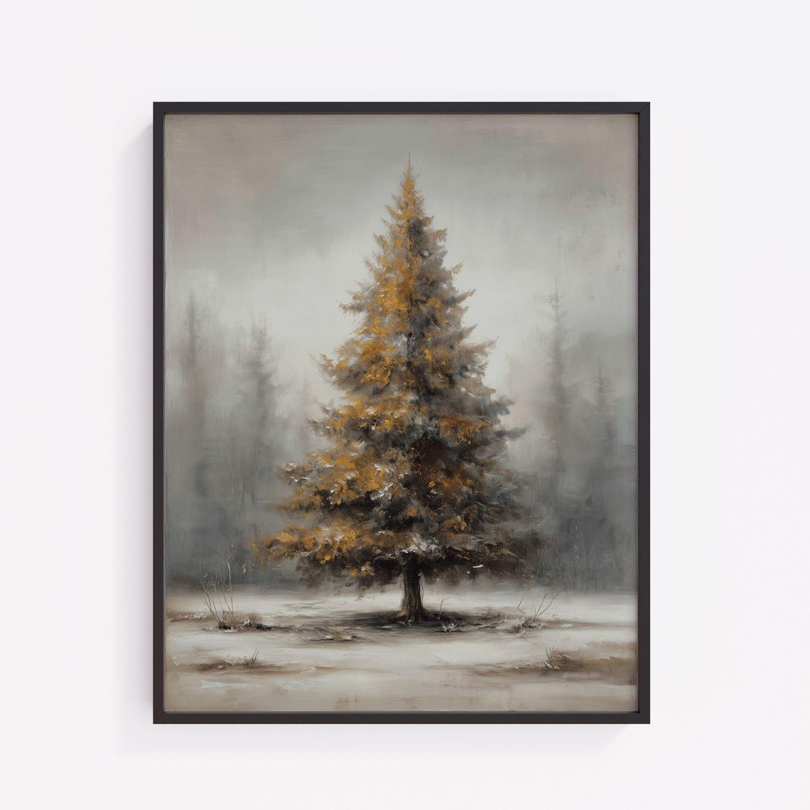 Moody Evergreen Tree Snowy Clearing Misty Winter Forest Art Poster