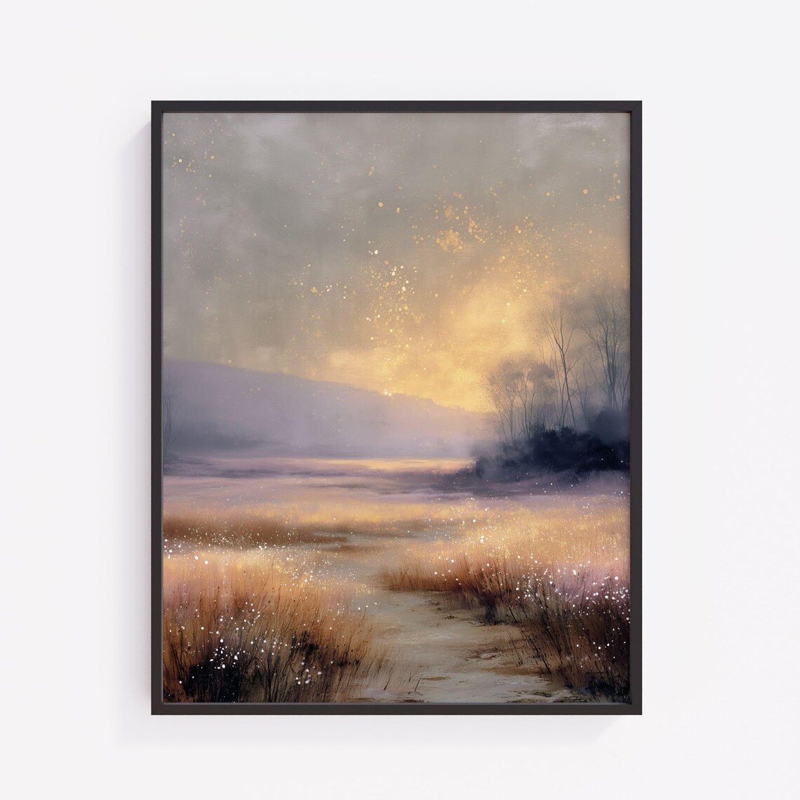 Golden Sunrise Over Frosty Meadow Misty Morning Light Poster