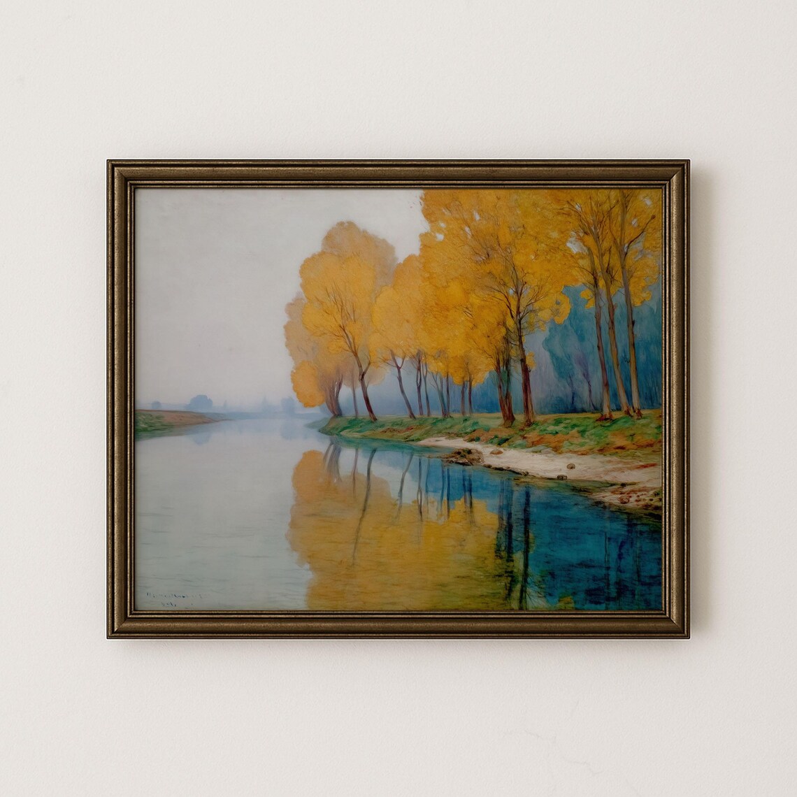 Misty Autumn Poplars Along the Riverside Oil Painting Poster