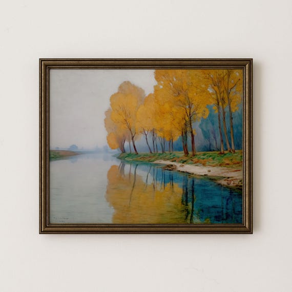 Autumn Riverbank Watercolor Print Vintage Fall Landscape