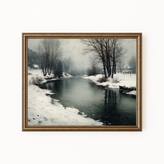 Icy River In Winter Landscape Vintage Handtinted Scene Moody Wall Art Tranquil Nature Decor Rustic Print 307