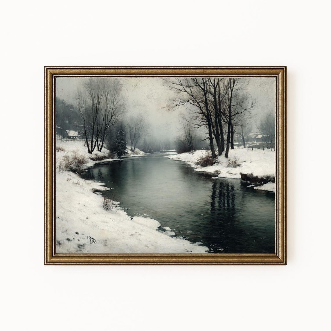 Icy Winter River Landscape Vintage Handtinted Moody Scene Print