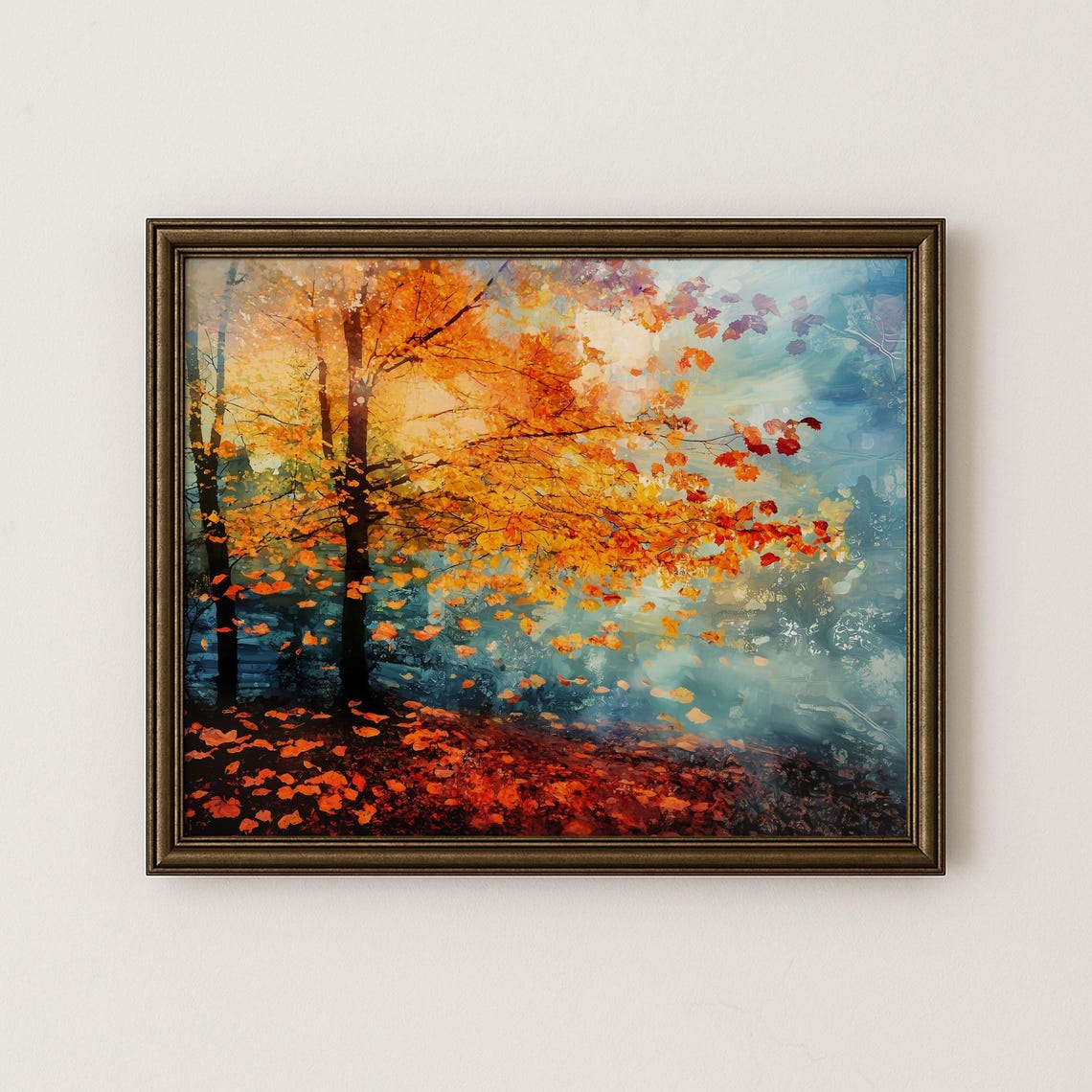 Golden Autumn Tree Falling Leaves Teal Blue Landscape Poster