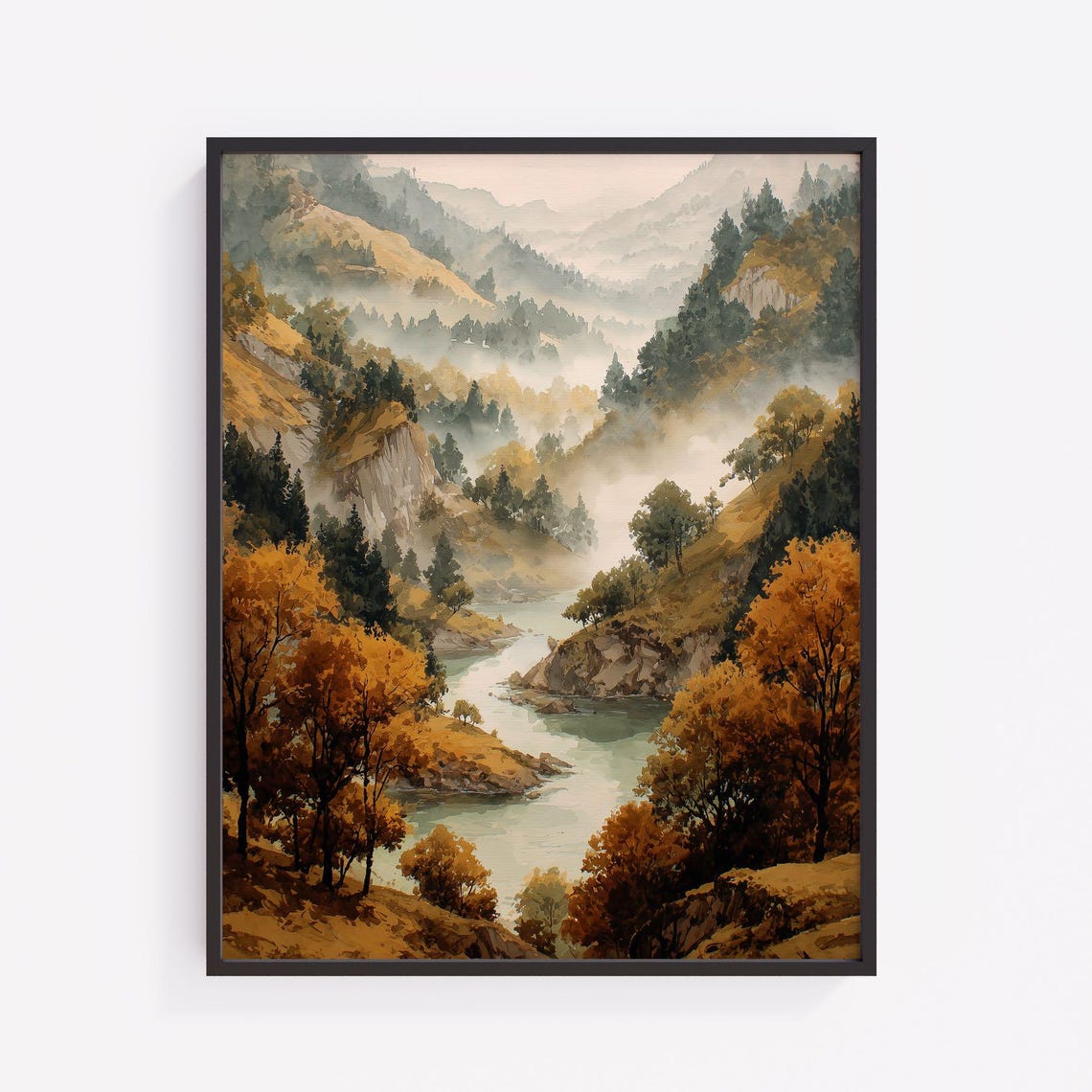 Autumn Mountain Valley Watercolor Print Rustic Landscape Wall Art