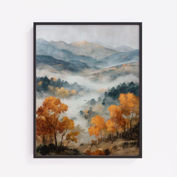 Autumn Mountain Watercolor Landscape Print Misty Valley Nature Decor