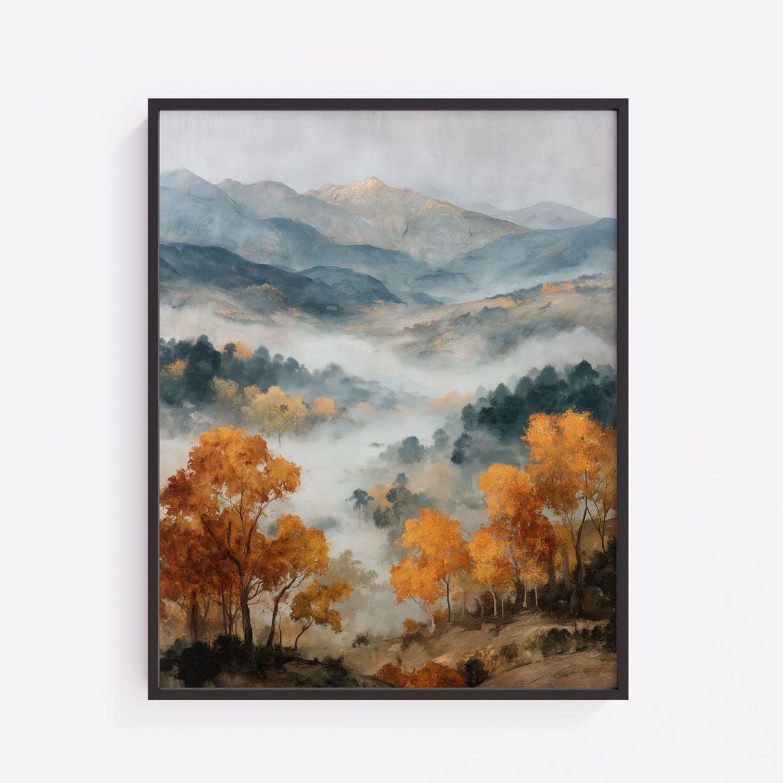 Autumn Mountain Watercolor Landscape Print Misty Valley Nature Decor