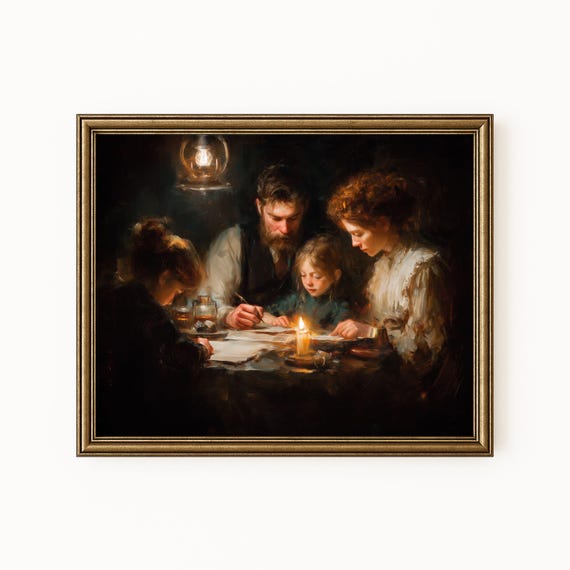 Victorian Family Candlelight Print Rustic Home Decor