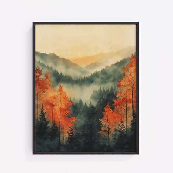 Autumn Mountain Valley Watercolor Print Rustic Landscape Art V209