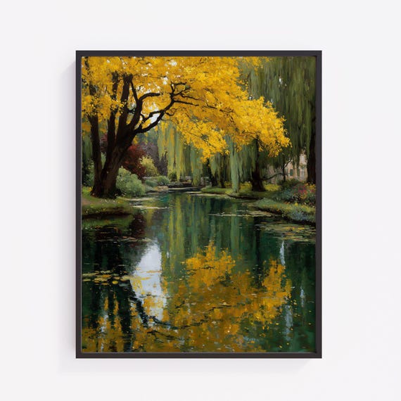 Autumn Willow Pond Art Print Vintage Landscape V152
