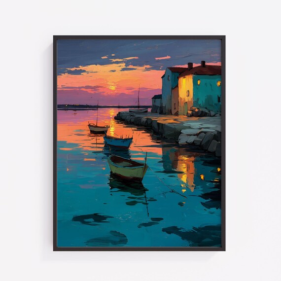 Sunset Harbor Fishing Boats Calm Evening Waterfront Houses Coastal Poster