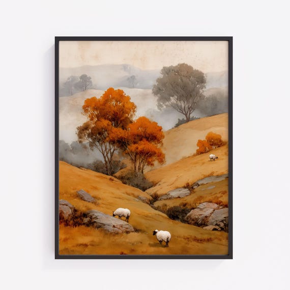 Autumn Landscape Print Rolling Hills Sheep Rustic Farmhouse V30