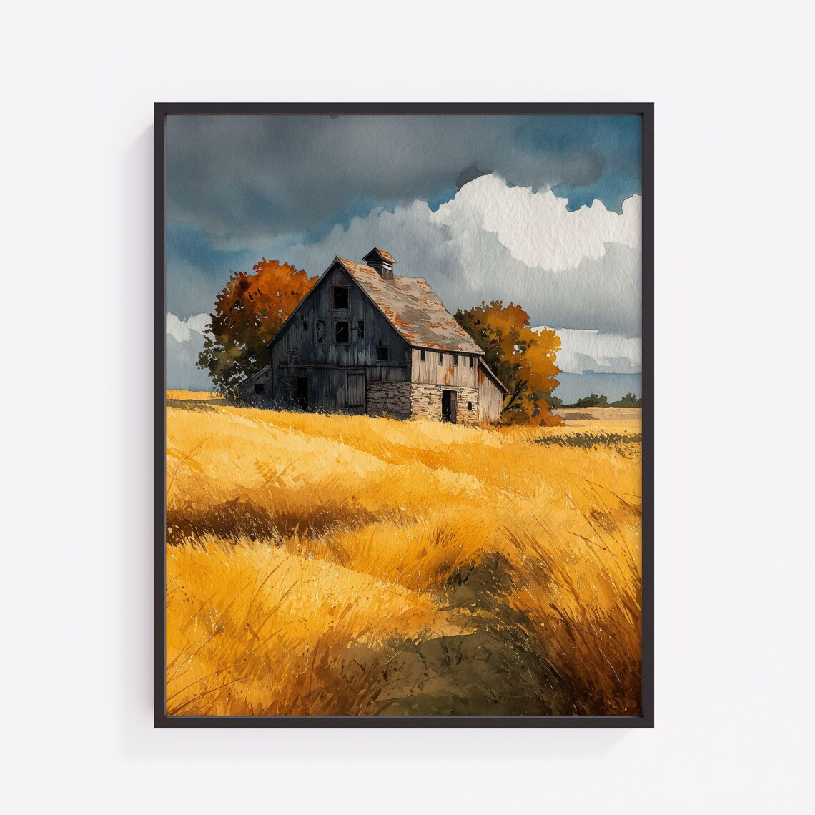 Old Barn Golden Wheat Field Stormy Sky Watercolor Farm Poster