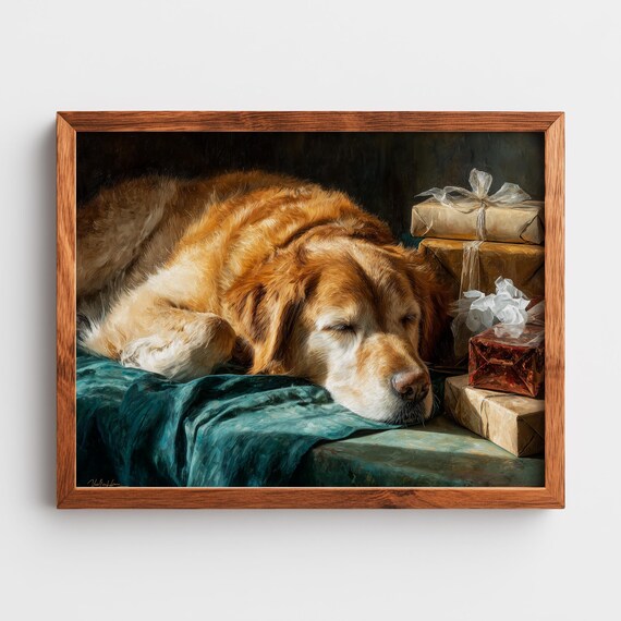 Sleeping Golden Retriever Beside Christmas Gifts Cozy Holiday Art Poster