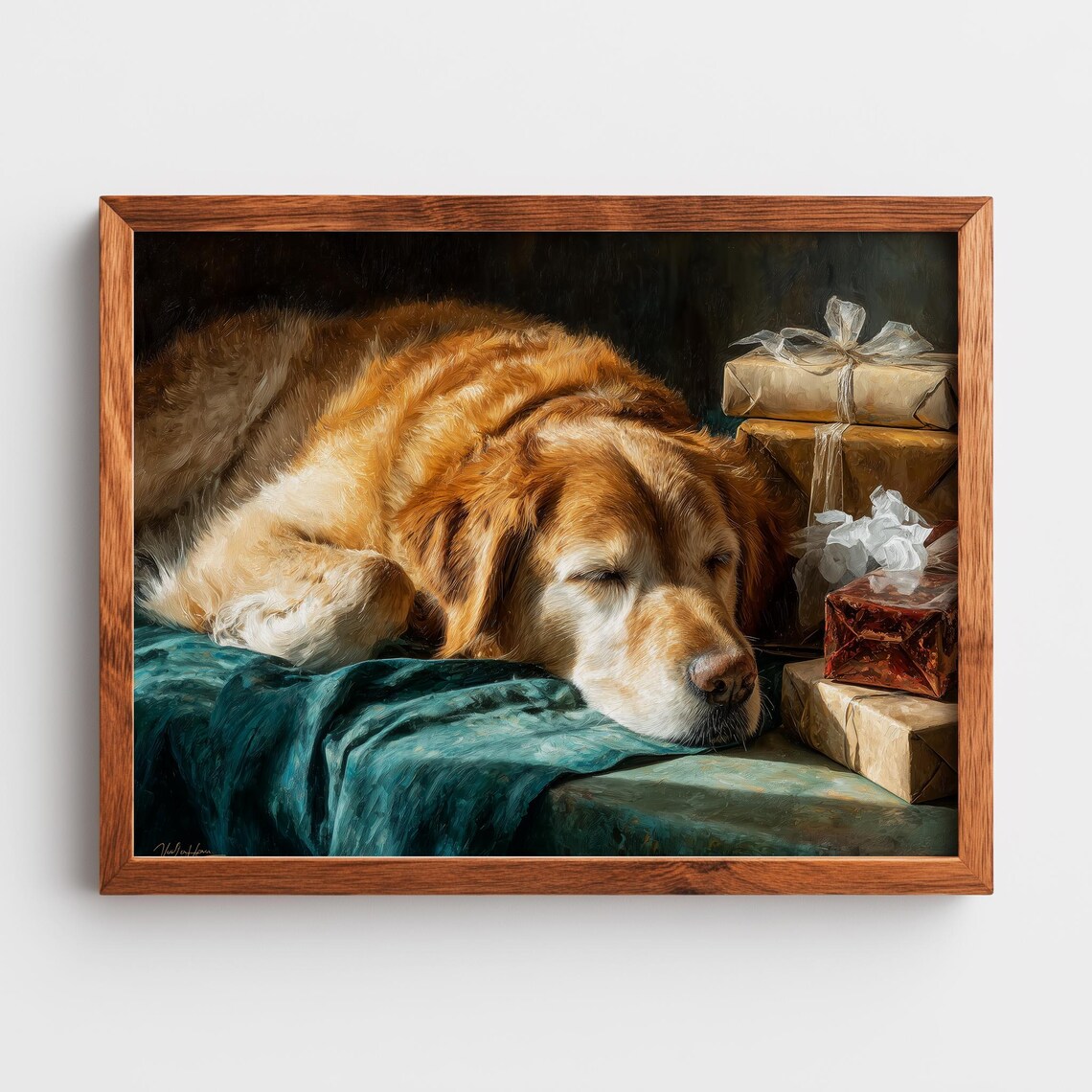 Sleeping Golden Retriever Beside Christmas Gifts Cozy Holiday Art Poster