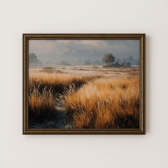 Frosty Meadow Painting Rustic Autumn Landscape Art H111