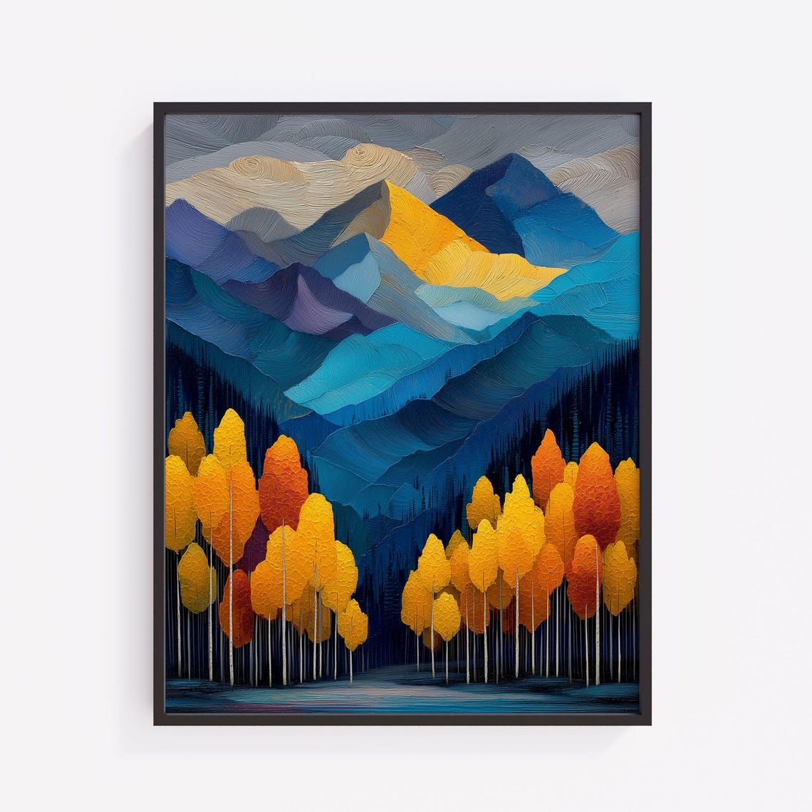 Autumn Aspens Before Blue Mountains Poster Golden Fall Landscape Art