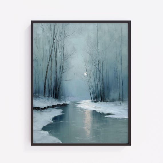 Winter Stream Under Moonlight Peaceful Scene Tranquil Snowy Night Reflective Oil Painting