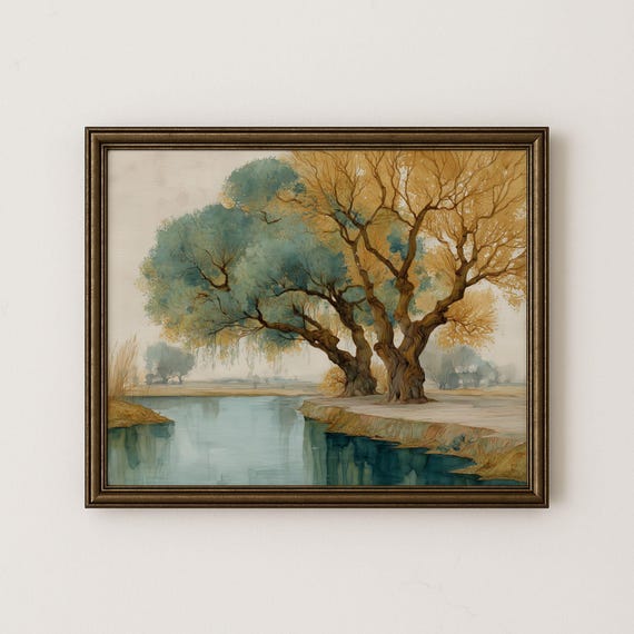 Willow Tree Riverbank Watercolor Vintage Autumn Landscape Print H207