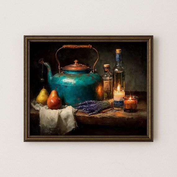 Rustic Still Life Copper Kettle Pears Lavender Candles Vintage Kitchen Poster