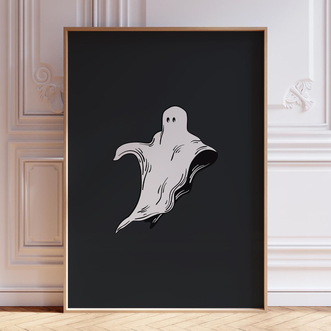 Cute Friendly Ghost Hand Drawn Cream On Black Halloween Night Poster