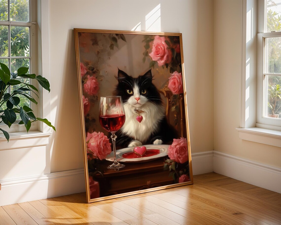 Tuxedo Cat Romantic Wine Dinner Roses Valentine Oil Painting Poster - Image 2