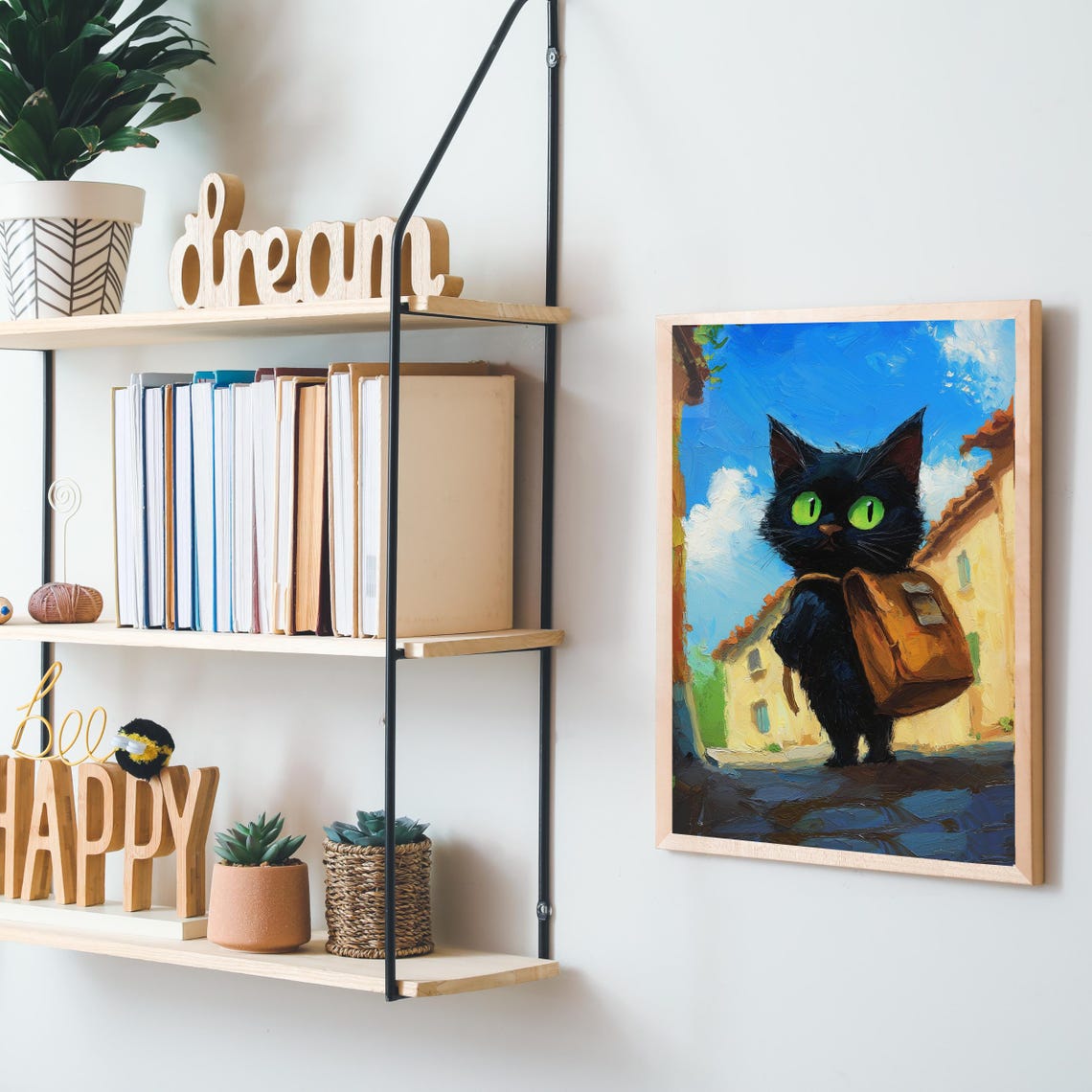 Black Cat With A School Backpack Walking Down A Sunny Street Poster - Image 3