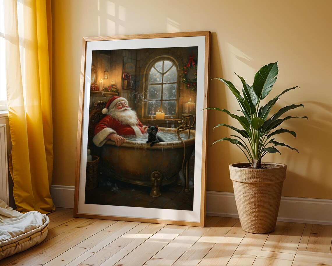 Santa Claus and Black Cat, Maximalist Christmas Art Print - Image 3