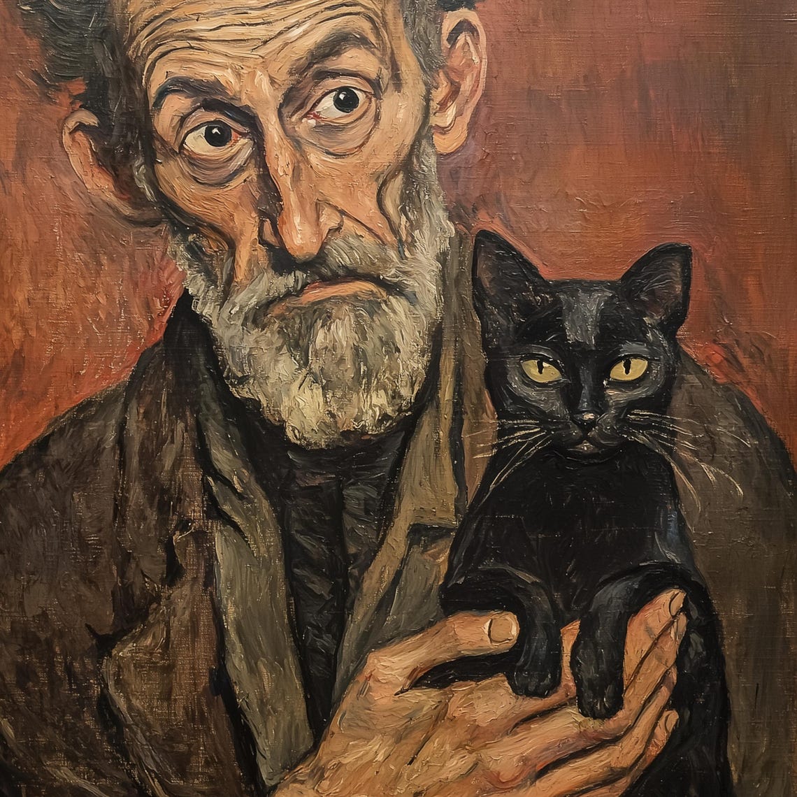 Vintage Oil Painting Old Man And Black Cat Portrait Rustic Oil Art Poster Oil Painting Print Antique Oil Art Print Vintage Style Art - Image 3