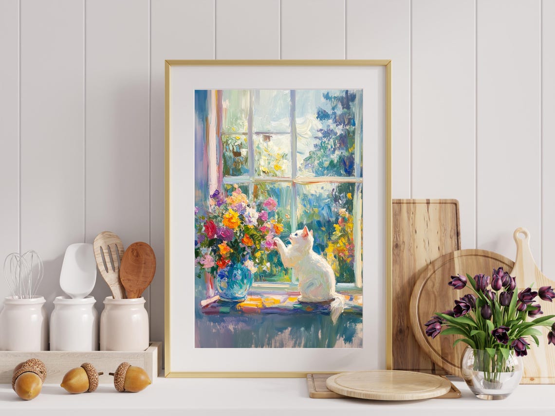 White Cat with Colorful Flowers Window Impressionist Oil Poster - Image 3