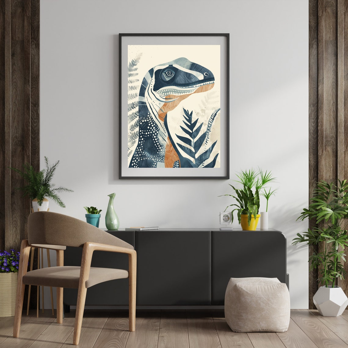 Friendly Blue Stylized Dinosaur Head with Ferns Nursery Poster - Image 2