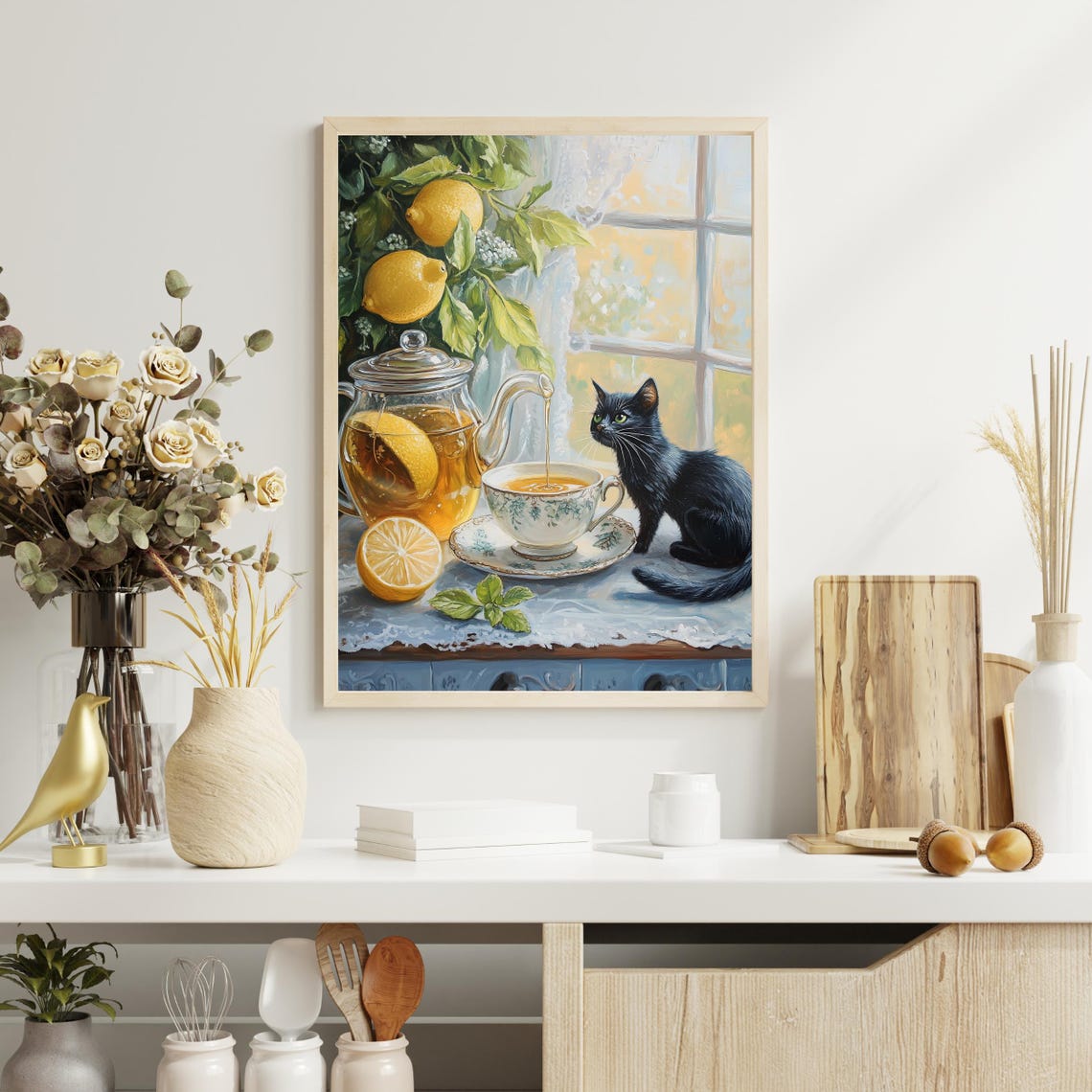 Black Cat Lemon Tea Poster Sunlit Window Still Life Oil Painting Art - Image 2