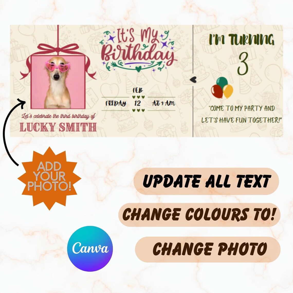 Pet Birthday Ticket Invitation Editable Digital Dog Party Poster - Image 3