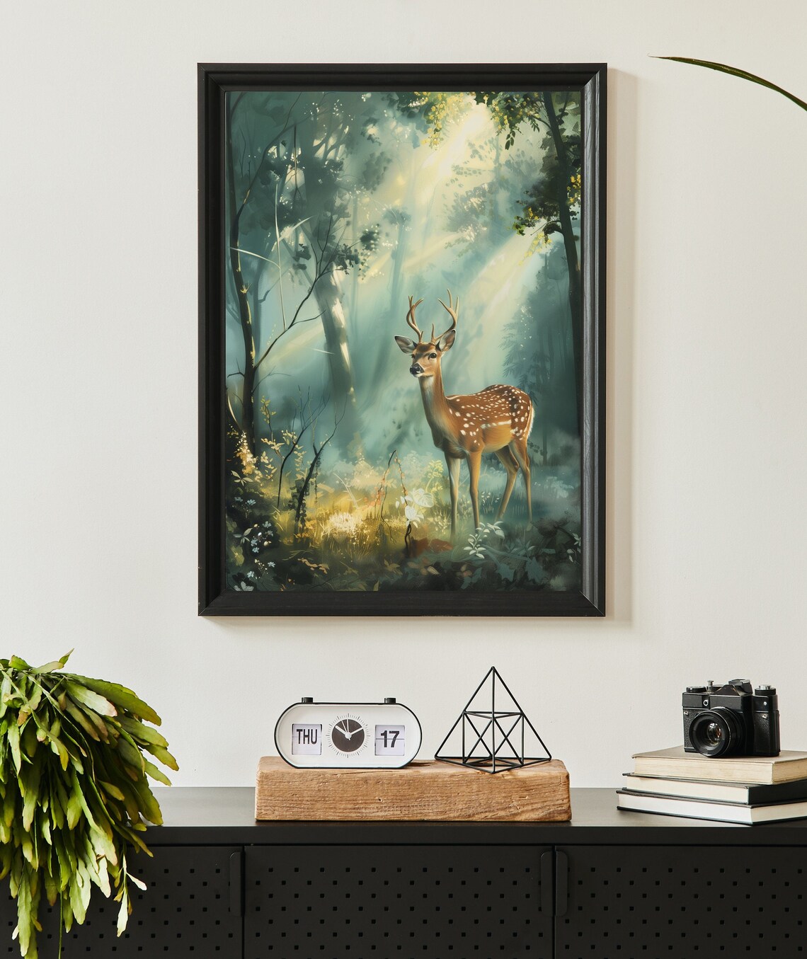 Spotted Deer in a Sunlit Misty Forest in Watercolor Style Poster - Image 2