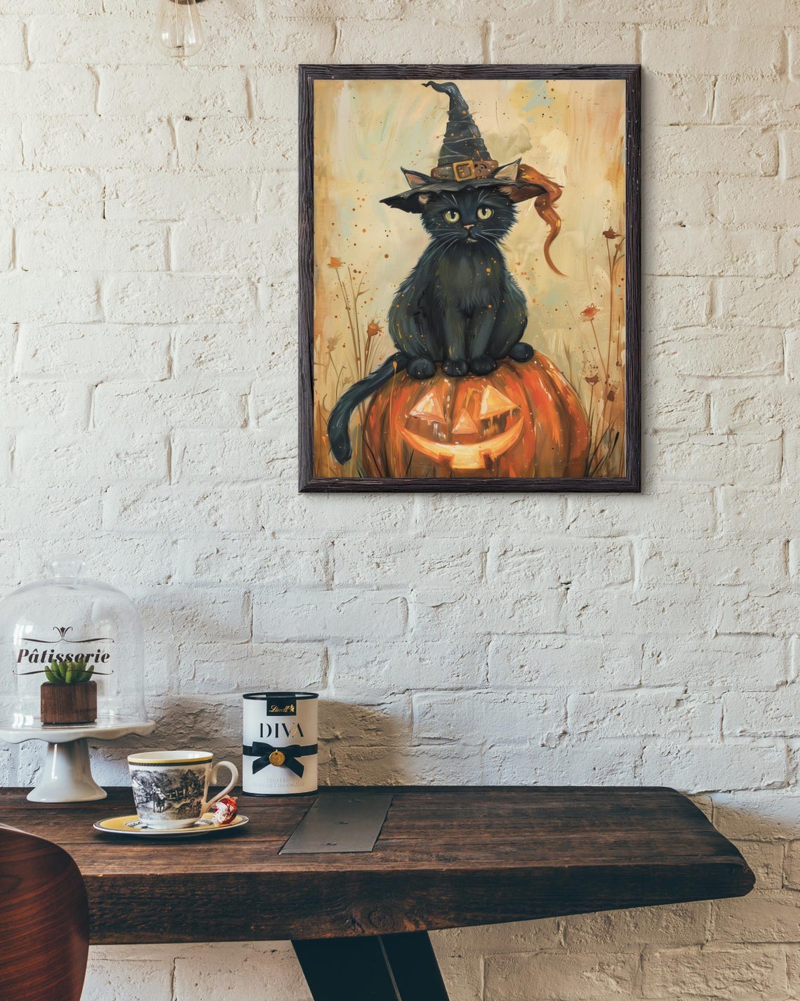 Cute Black Cat In Witch Hat Sitting On Jack O Lantern Poster - Image 2