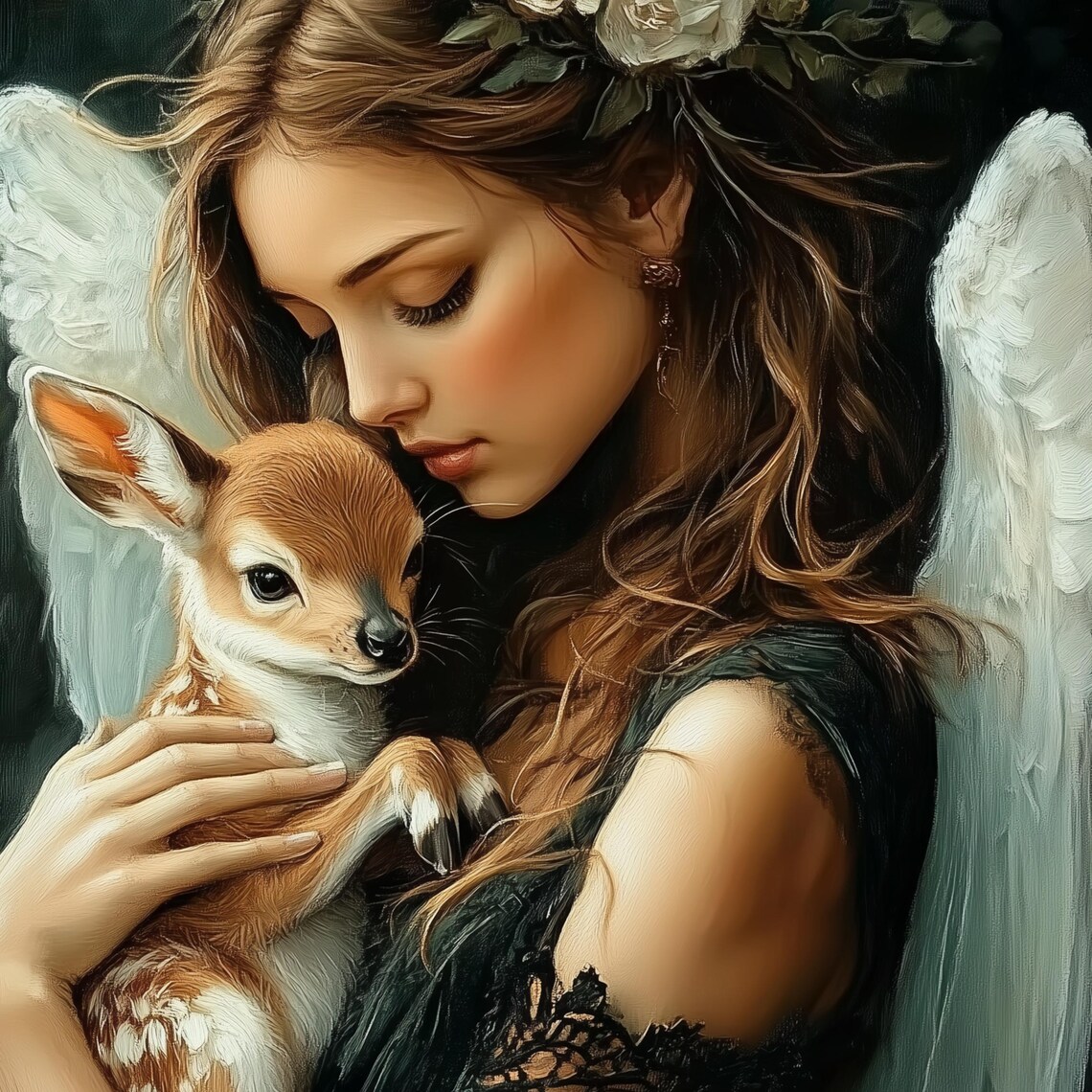 Ethereal Angel Woman Tenderly Embracing A Sweet Baby Fawn Poster - Image 3