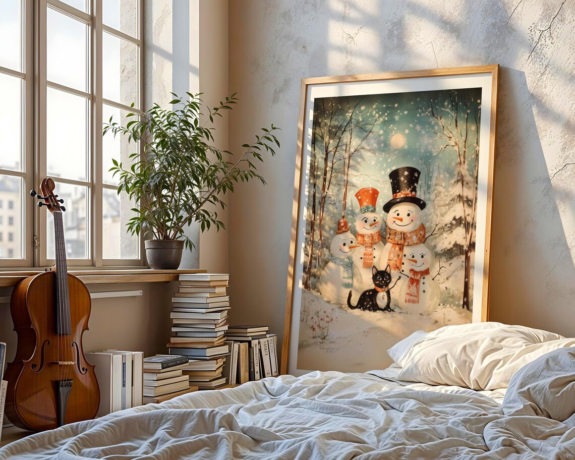 Vintage Snowman Family Christmas Poster With Black Cat Winter Scene - Image 3