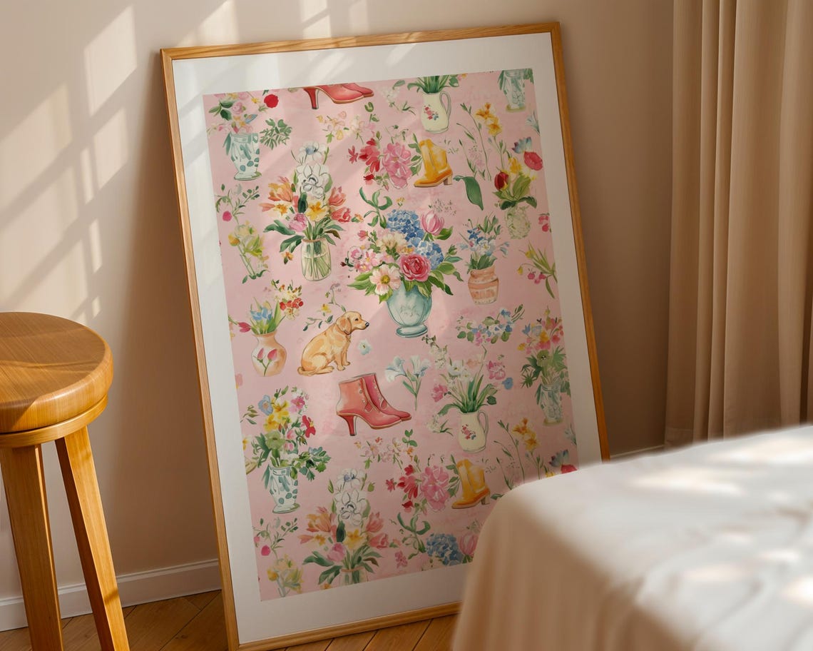 Pink Floral Collage Bouquets Puppy Boots Botanical Pattern Poster - Image 2