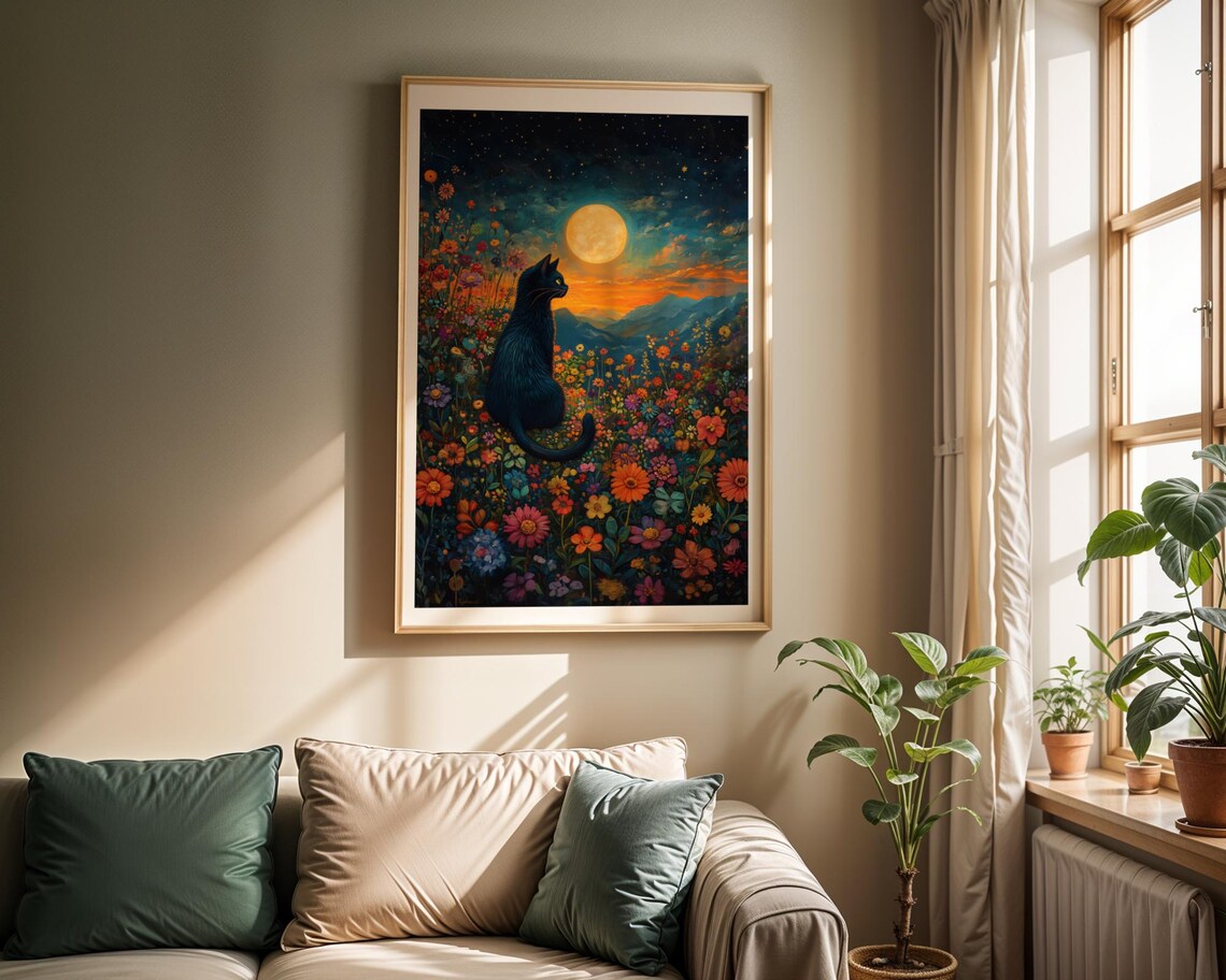 Floral Black Cat Moonlit Starry Night Art Print - Image 2